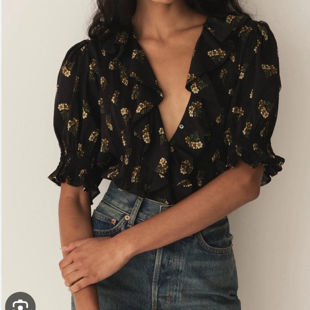 DÔEN - XS Henri ruffled pintucked floral-print cotton top, NWOT